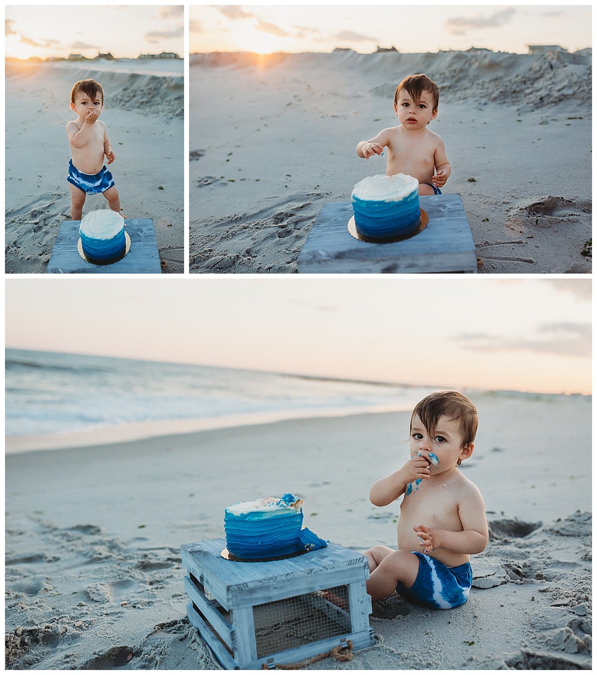 baby boy on th beach in villain with an ombre blue cake and he is eating a birthday cake at sunset on th beach in just a tie dye diaper cover
