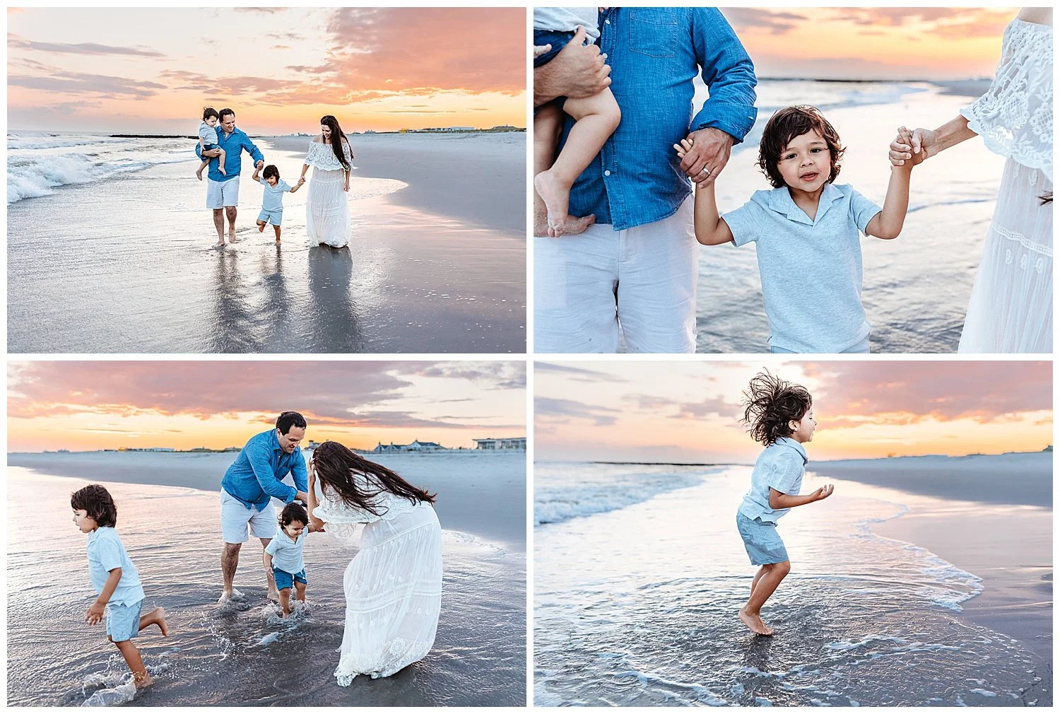 family walking along beach shore ocean waves golden pink sunset sky holding hands laughing dad holding toddler boy