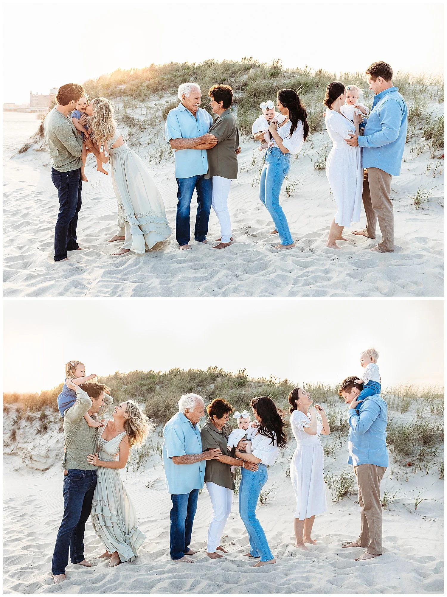 grandparents embraced standing with their children and grandchildren on the beach at sunset the children are playing with the babies and the grandparents are looking at each other