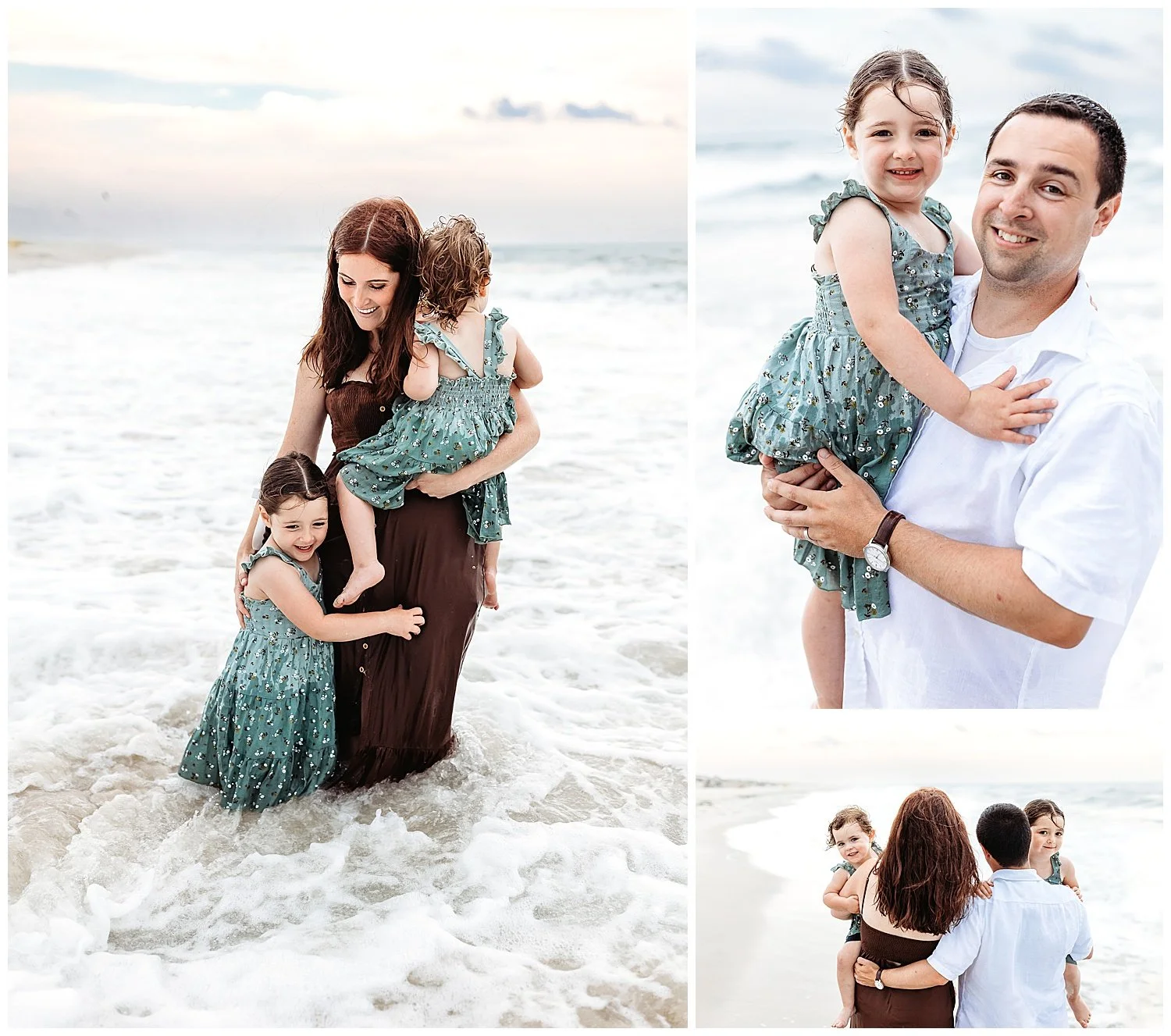 mother embracing her daughter's on the beach while the ocean waves crash around her smiling at gils holding toddler