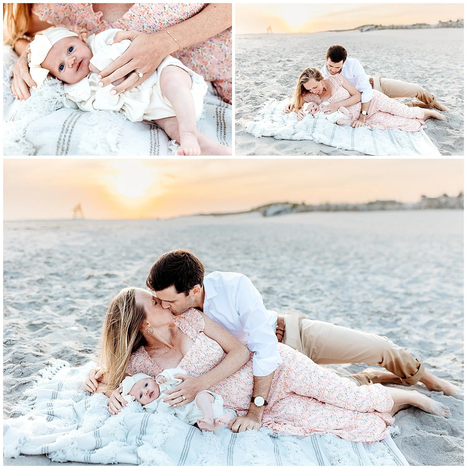 hsuabnd and wife embraced while laying on ablanket on the sand at sunset they are looking at their newborn daughter who is smiling