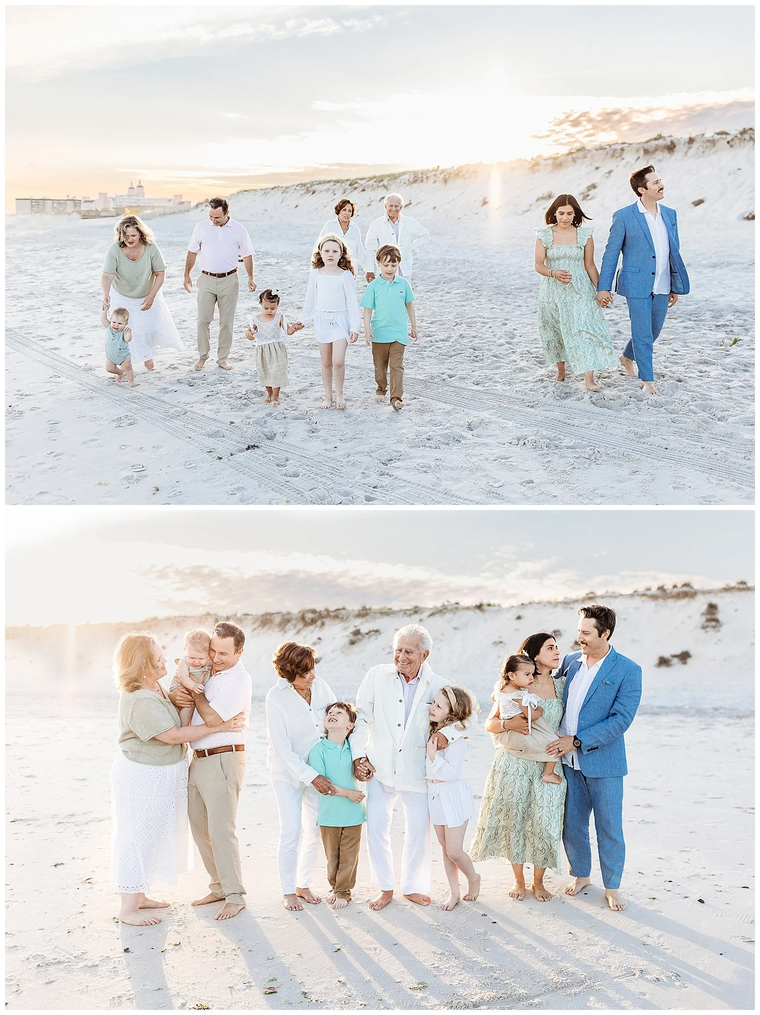 multi generational family walking on the beach at sunset