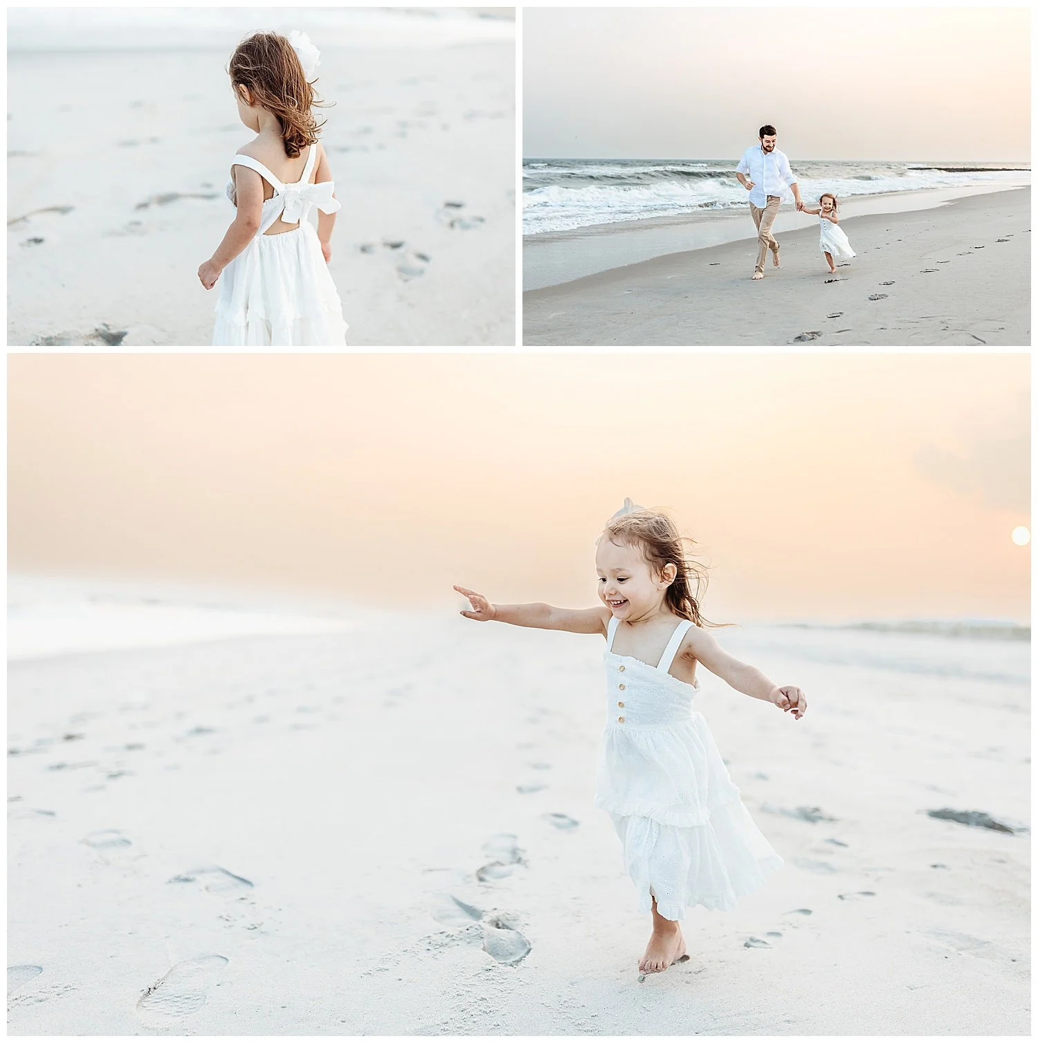 dad running along the ocean in Jacksonville with daughter white dress