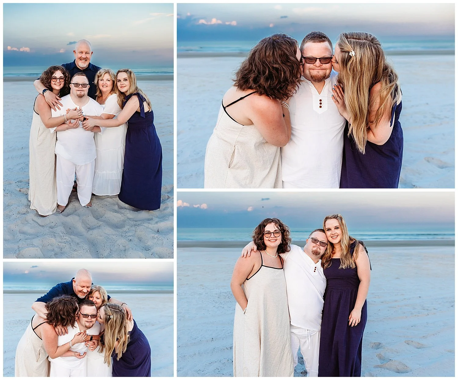 adult siblings with their parents and brother kissing him and they are all laughing