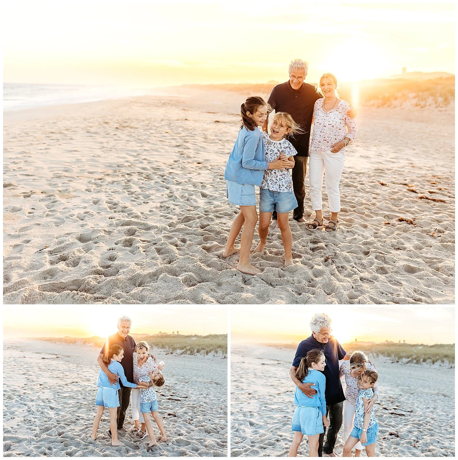 granddaughters dancing in the sand at sunset and grandparents watching and laughing