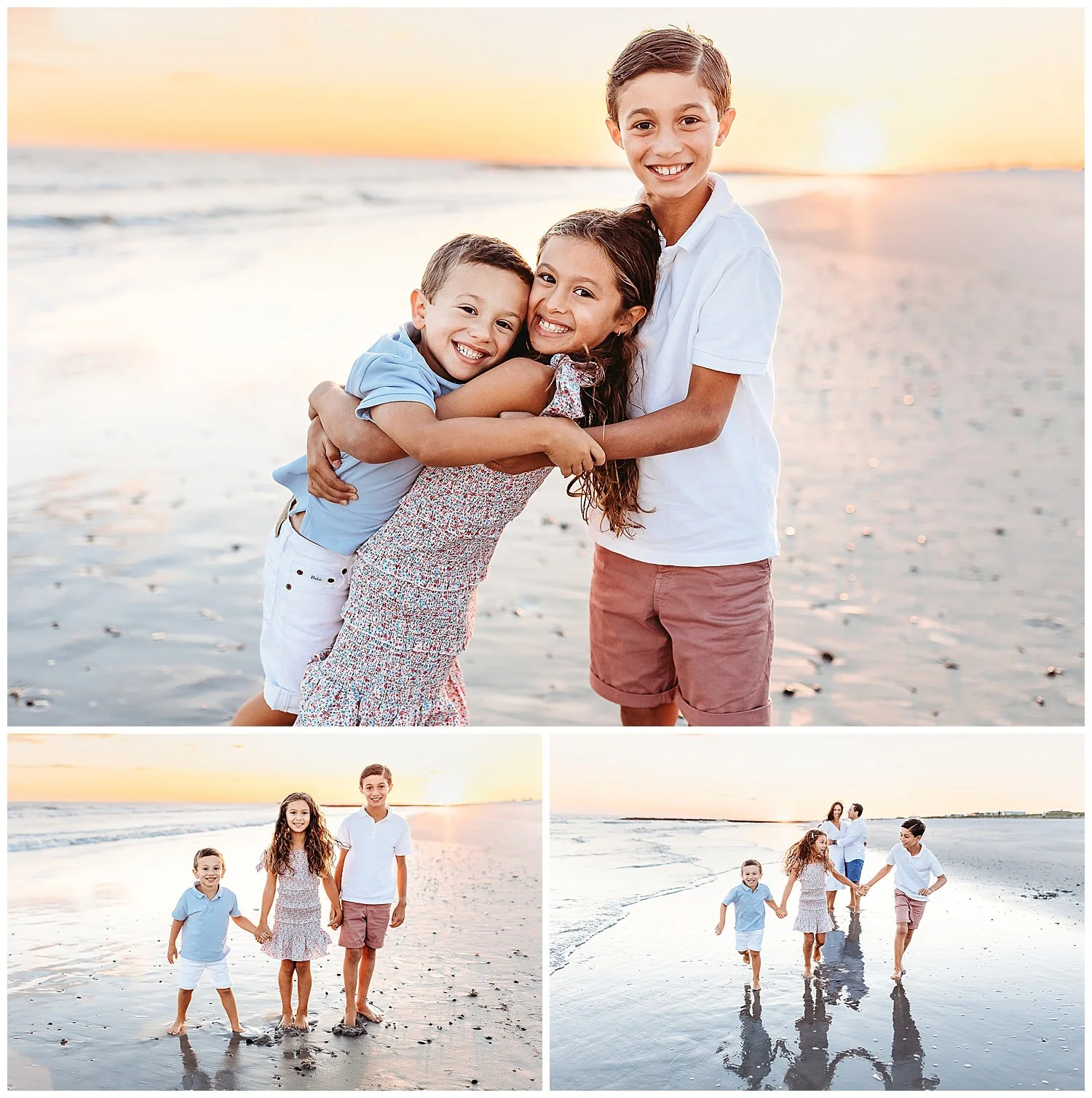 siblings on the beach along ocean big sister holding little brother and they are laughing siblings running along ocean's edge while parents are in background laughing