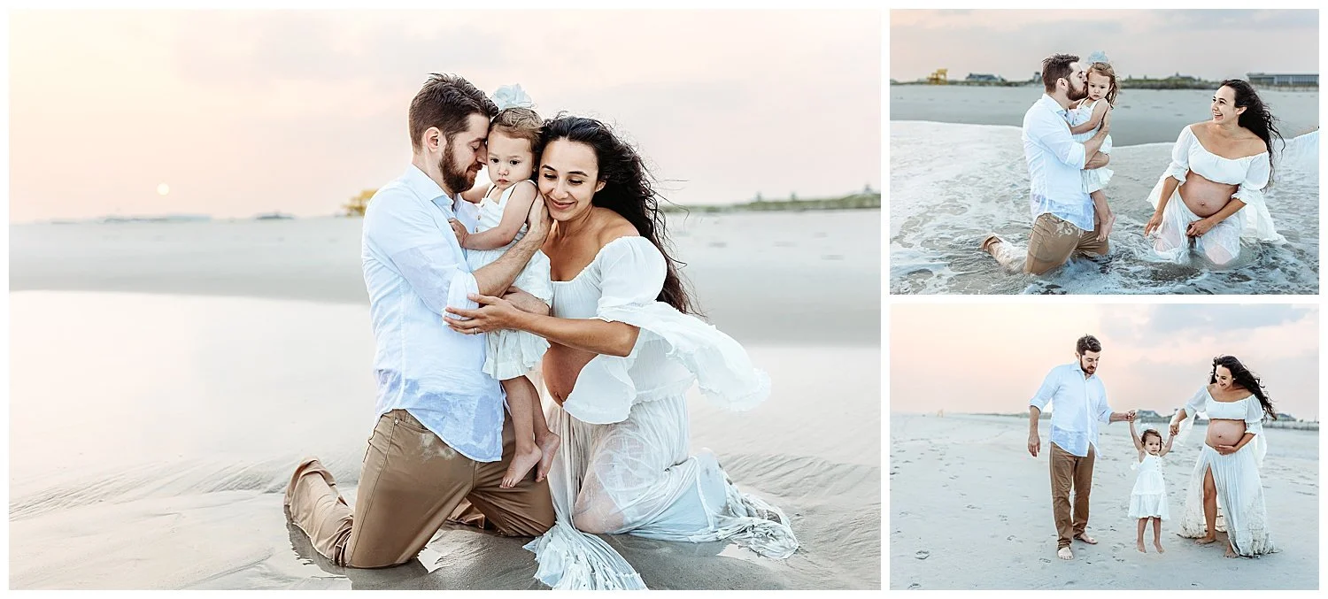 family dressed in white kneeling in water and hugging daughter