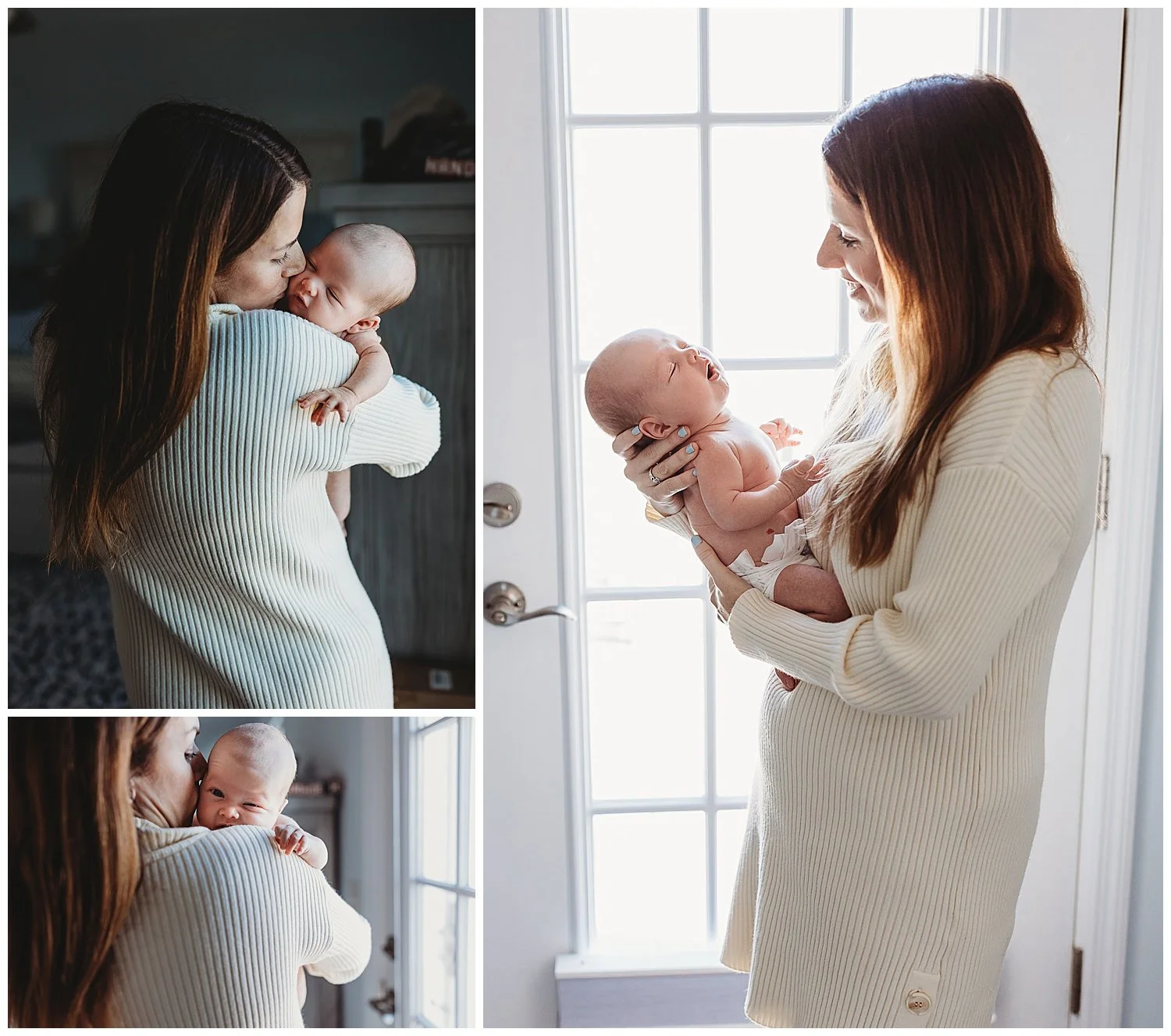 mom holding baby looking at him in front of window and smiling mom kissing baby over her shoulder