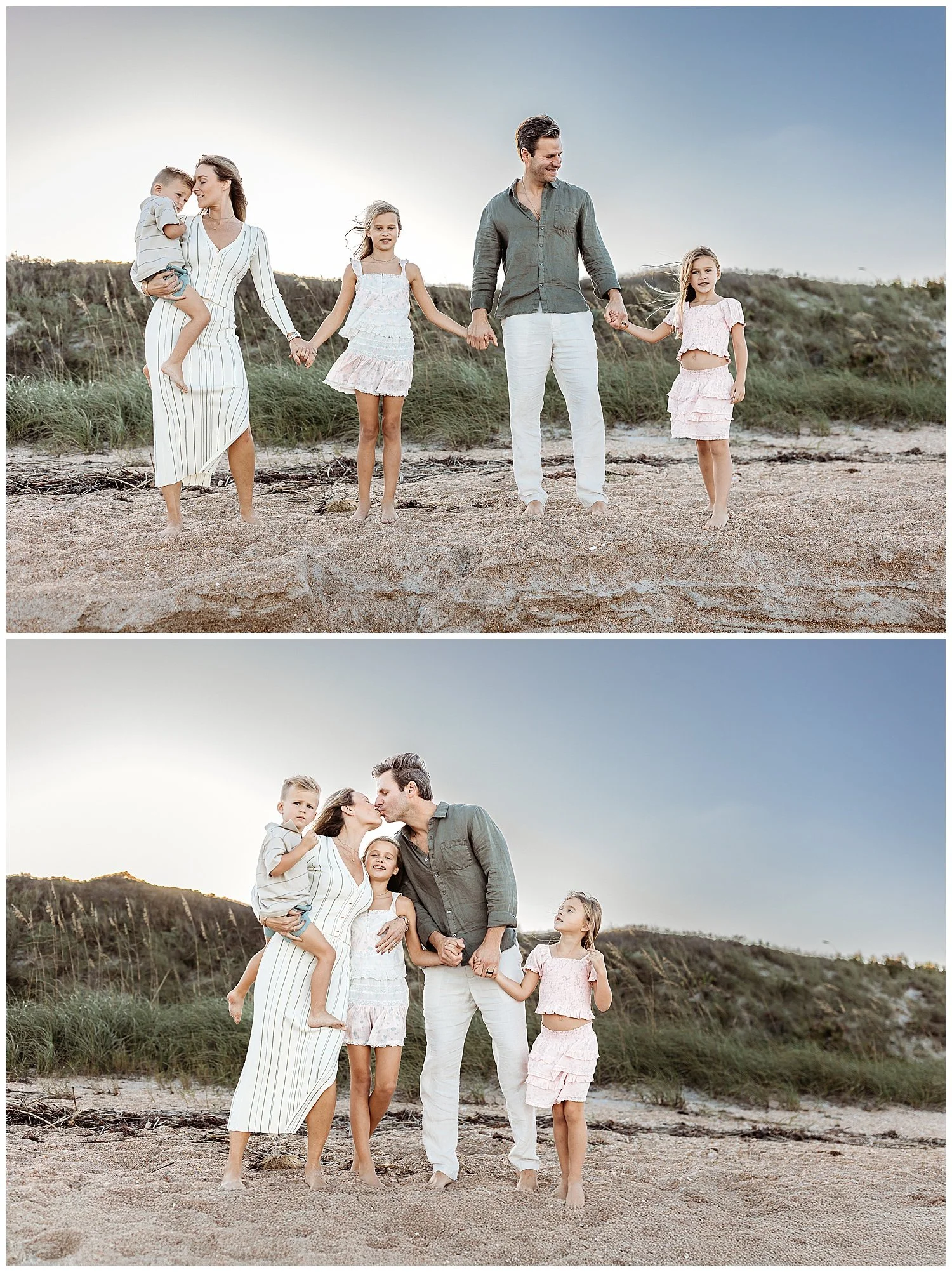 Family walking along dune trail surrounded by sea grass during coastal mini session with Teresa Geraghty Photography