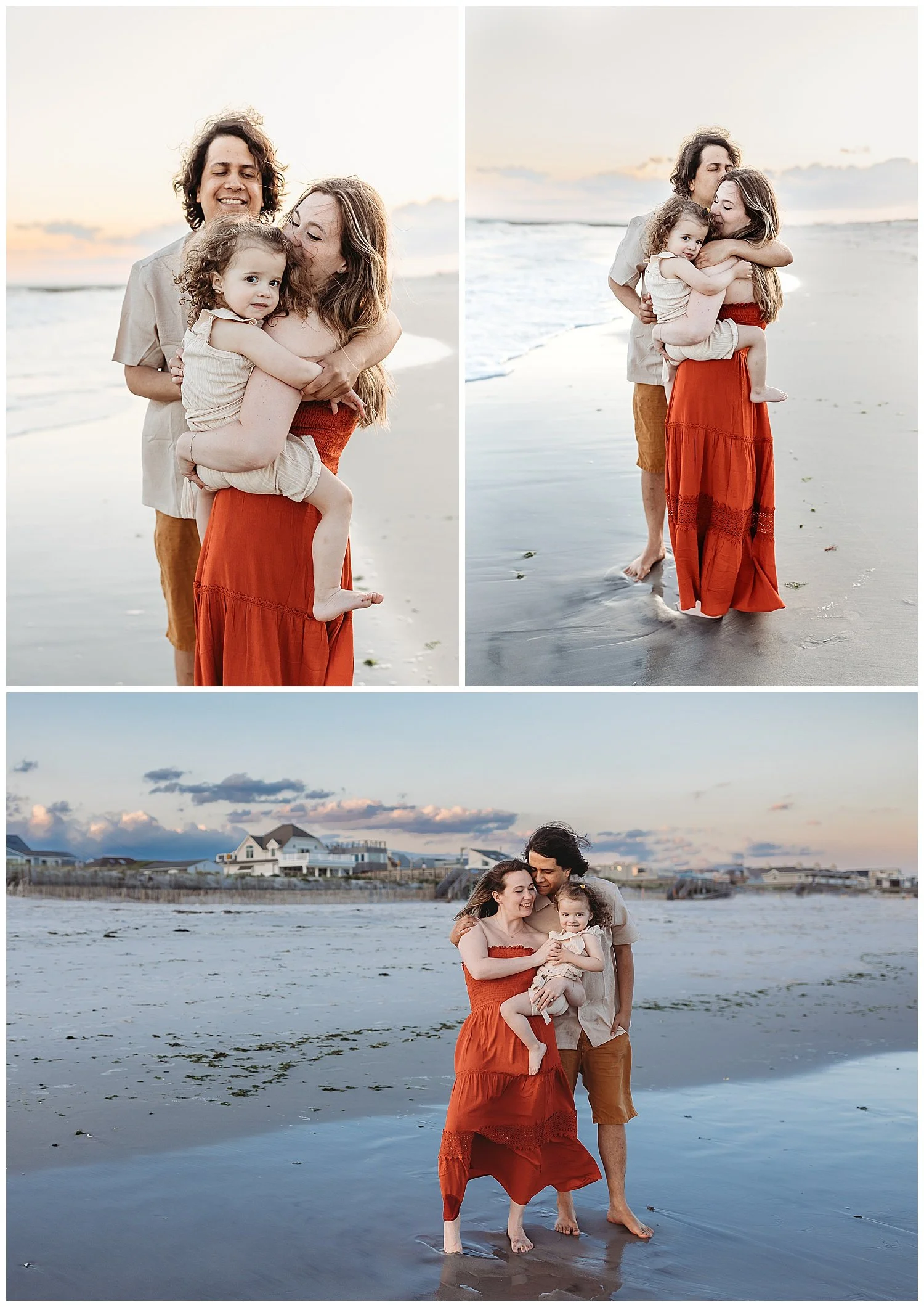 family embraced at the shore mom holding baby girl dad kissing mom rust and tan wardrobe