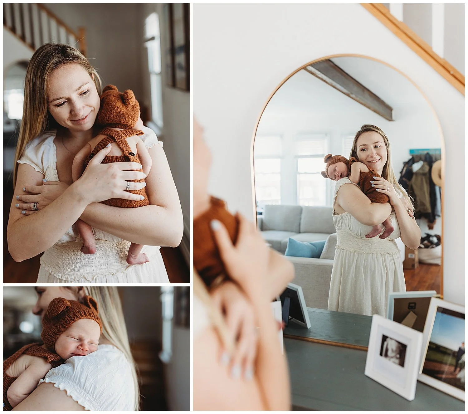mother embracing newborn baby boy in brown jumper and hat reflection in mirror
