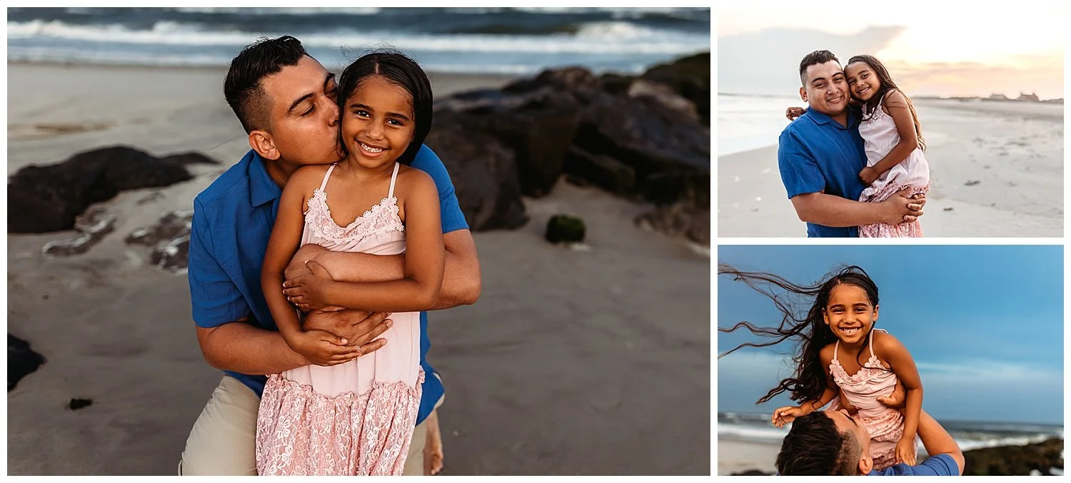 dad kissing daughter on the beach at sunset