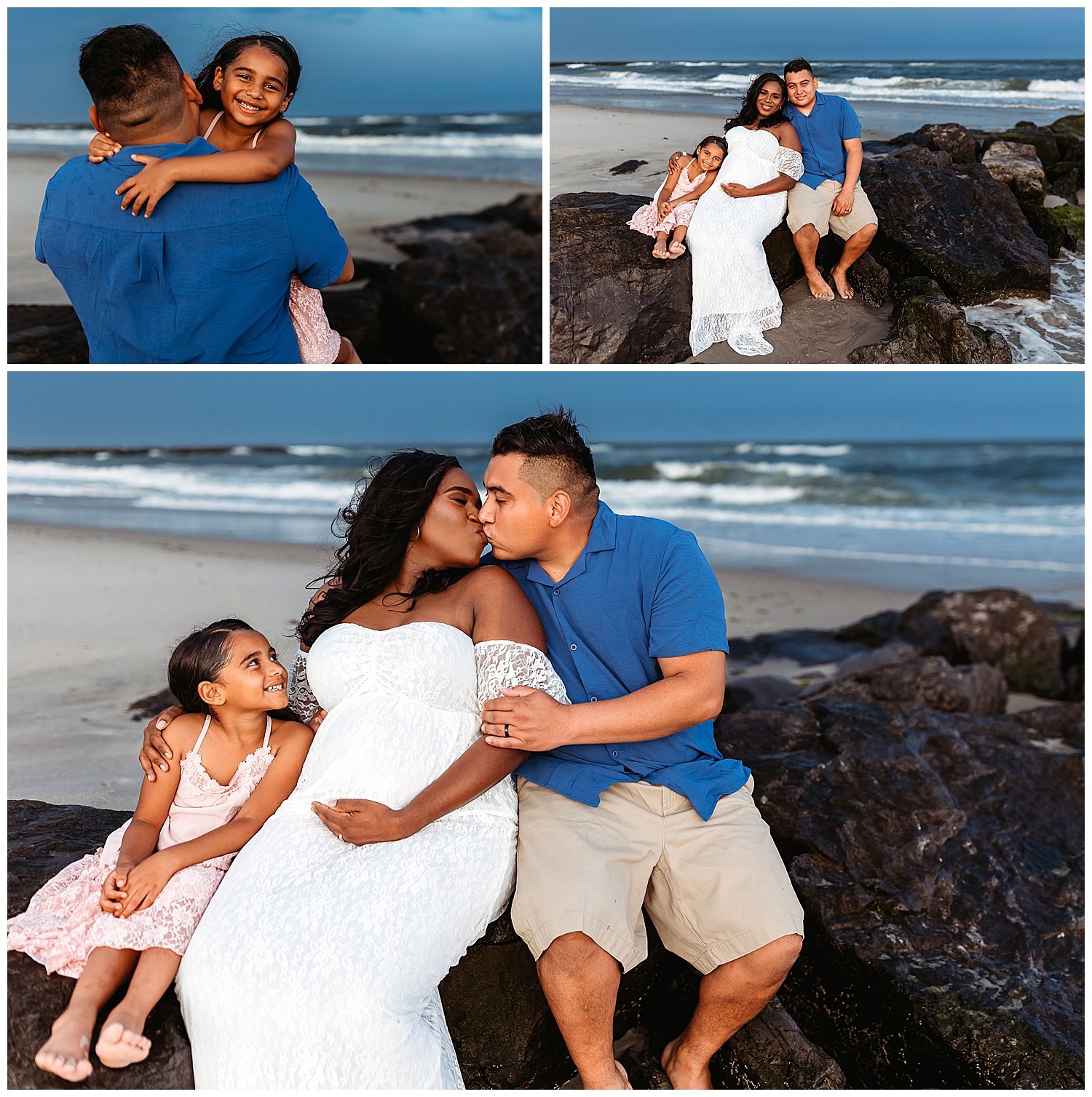 family seated on jetty mother pregnant wearing white lace gown dad kissing mom little girl laughing moody cloudy skies