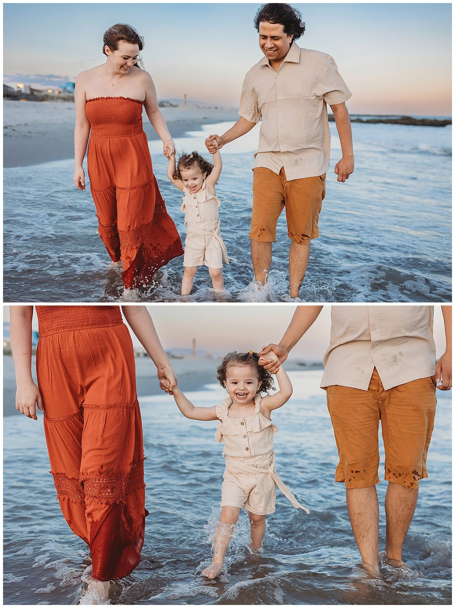 family running through ocean waves holding toddler's hand and laughing pink and blue sky behind them