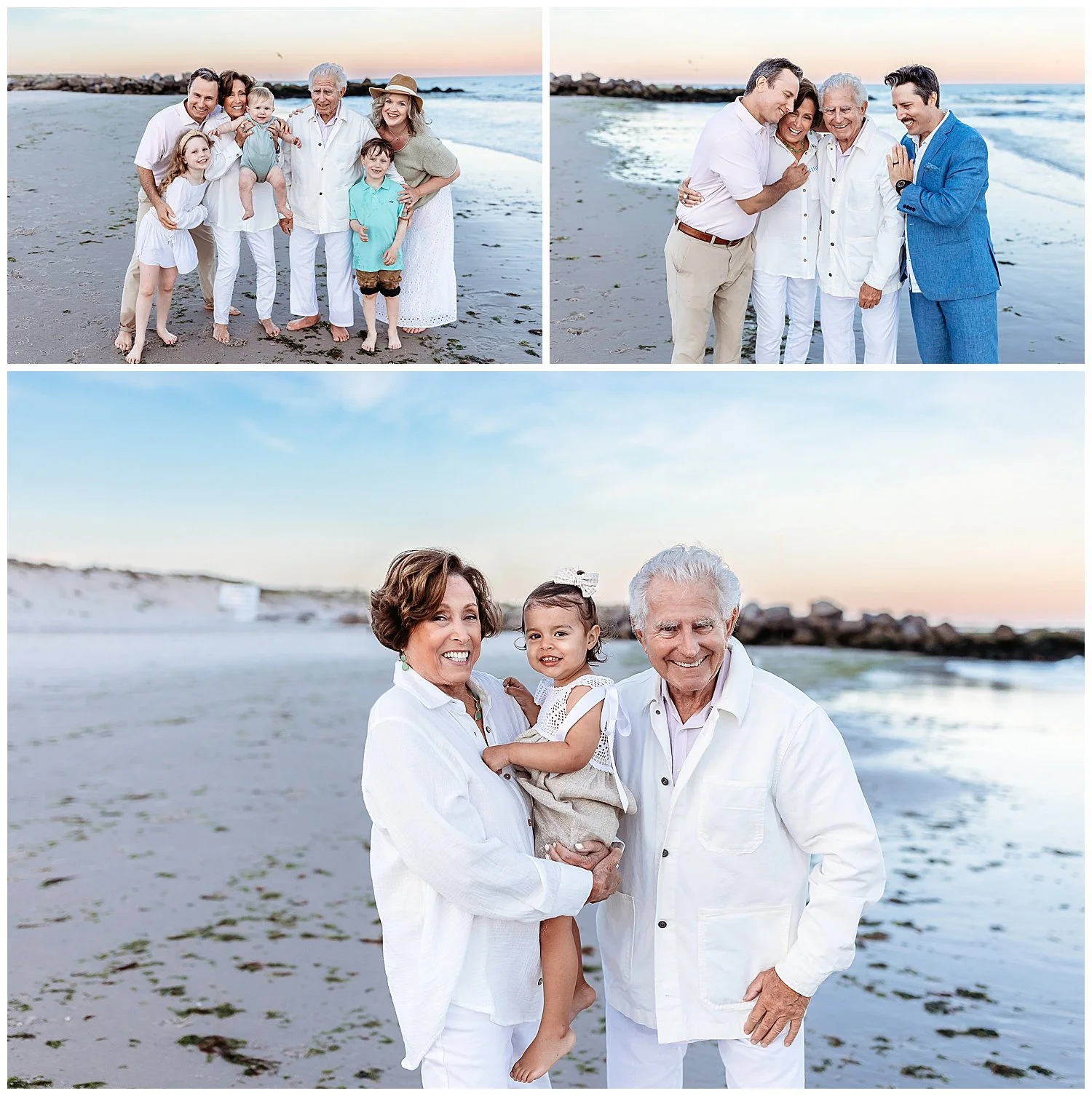 family embraced on the beach laughing