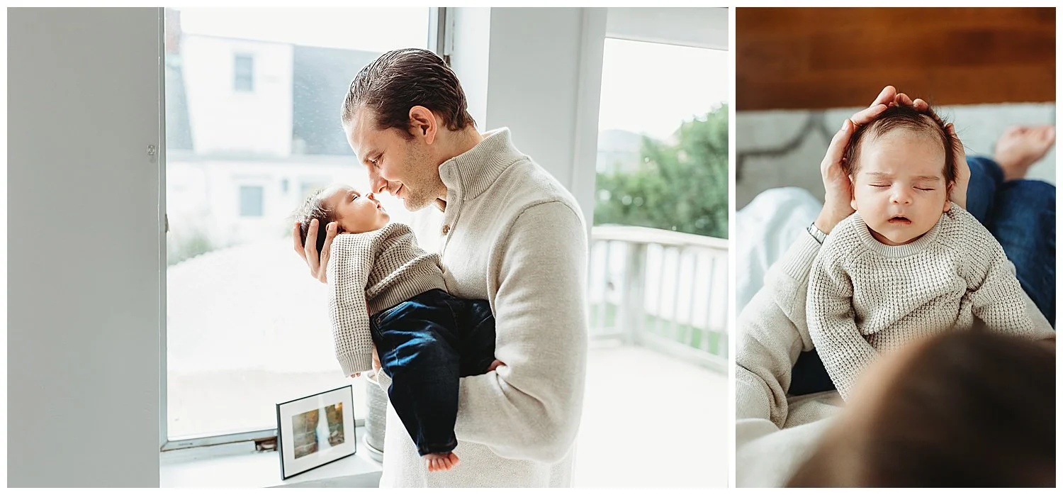close up of baby boy in dad's hands and dad in front of a window nose to nose with baby boy both wearing tan sweaters and jeans