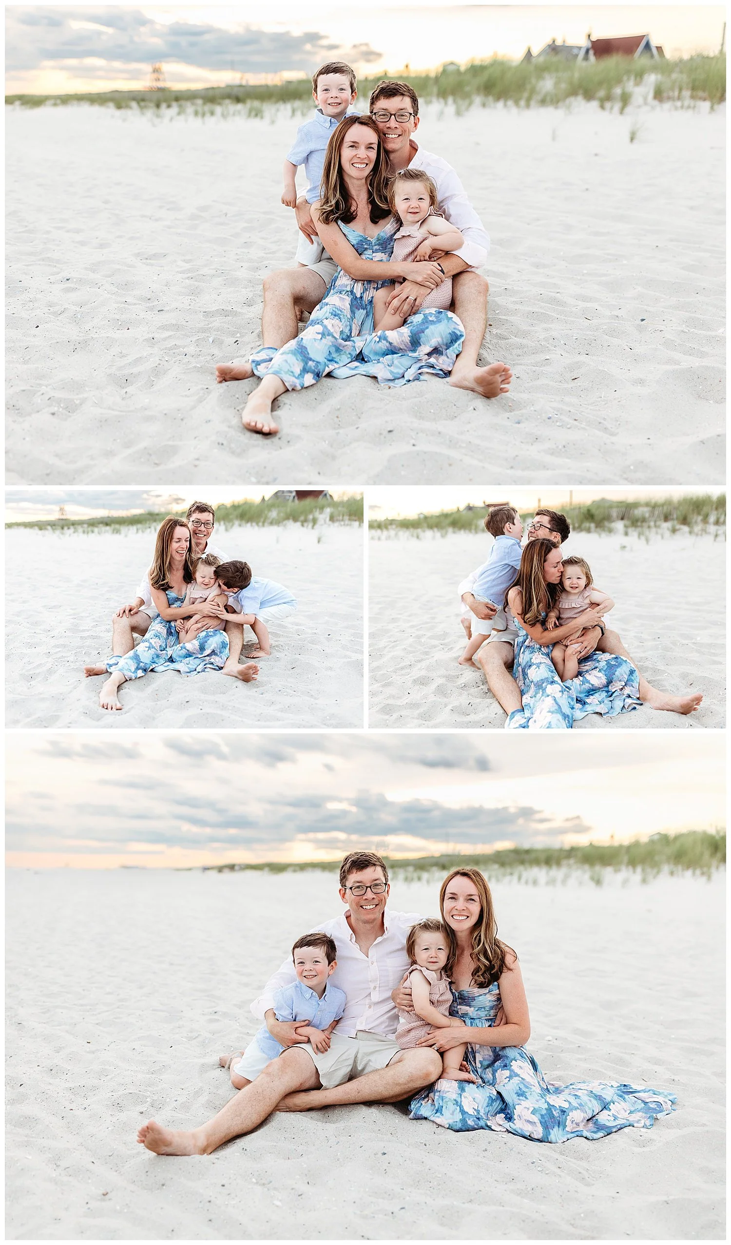 family dressed in pale blue and pink on th ebeach st sunset in front of dunes seated and embraced