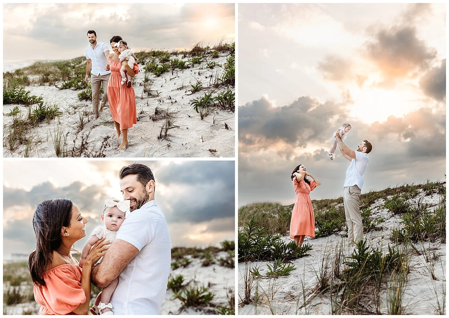 dad lifting a baby girl up in the air while standing on the guana preserve dune