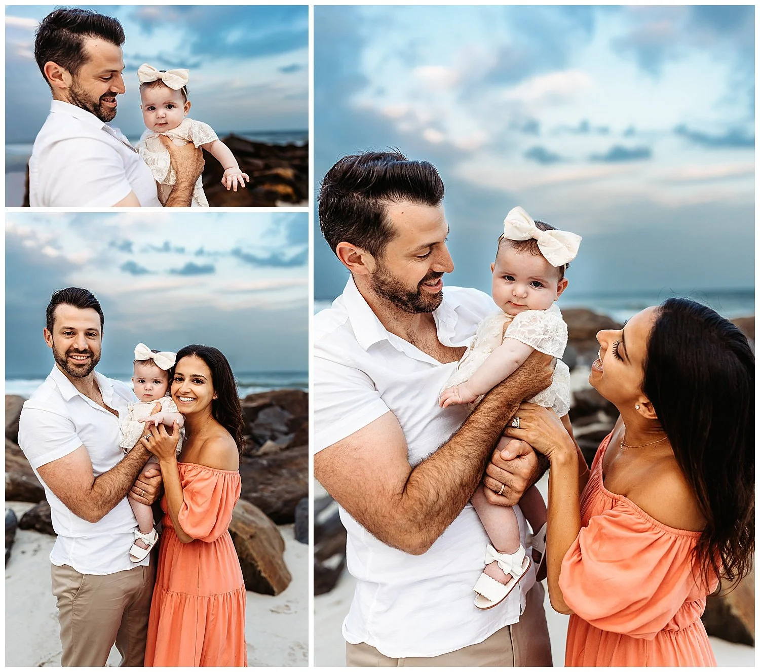 family embracing baby girl in lace romper and white bow and she is looking at camera smiling sunset blue and pink sky coral boho off the shoulder dress