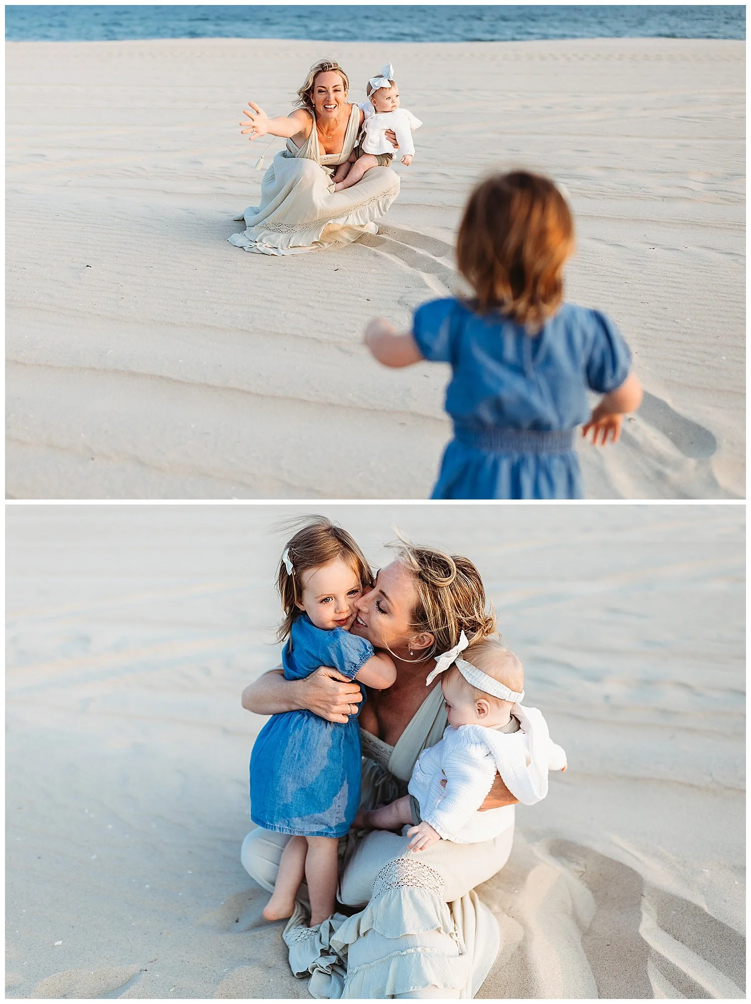 mother in pretty green maxi dress at ocean's edge putting arms out to daughter who is running towards her and she is holding a baby girl with a headband
