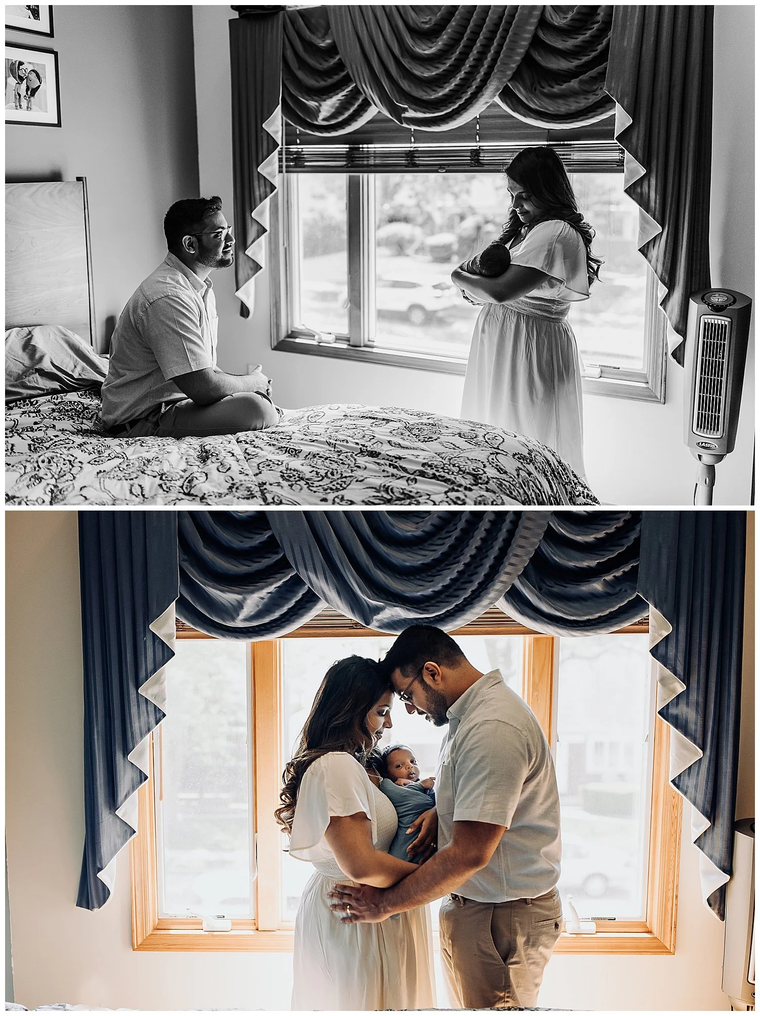 husband and wife leaning head to head in front of a large window and they are holding a baby boy who is swaddled