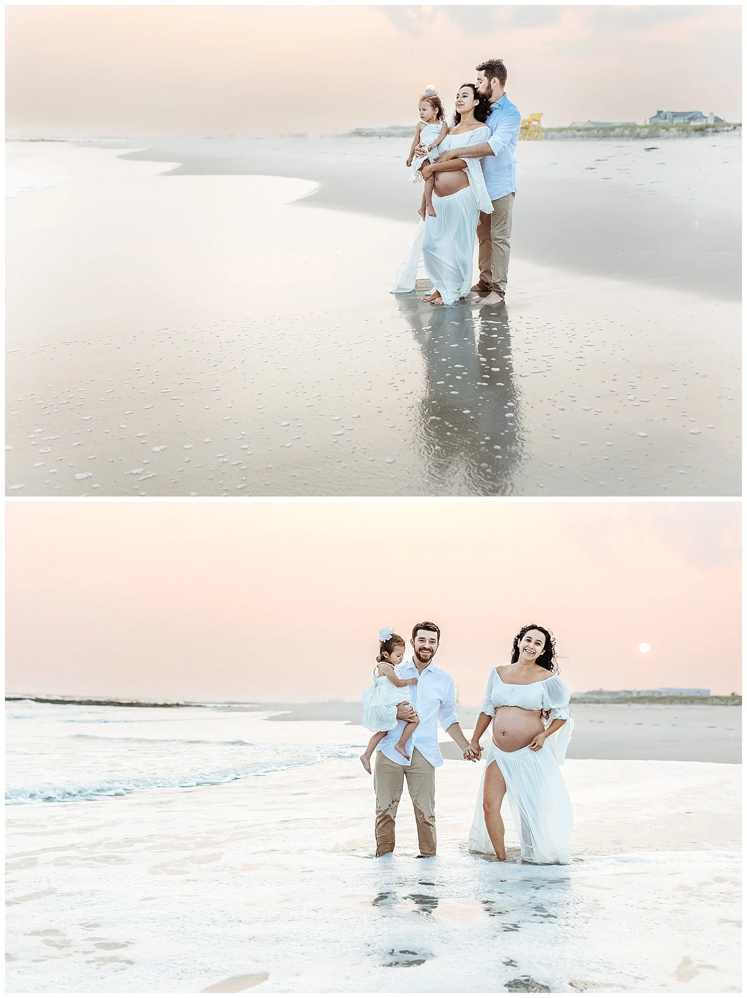 husband embracing pregnant wife and kissing her on the beach sunset reflection in water