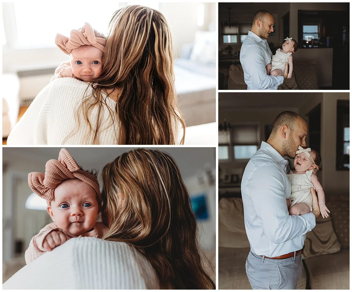 dad holding newborn baby and kissing her baby peaking over mom's shoulder and smiling