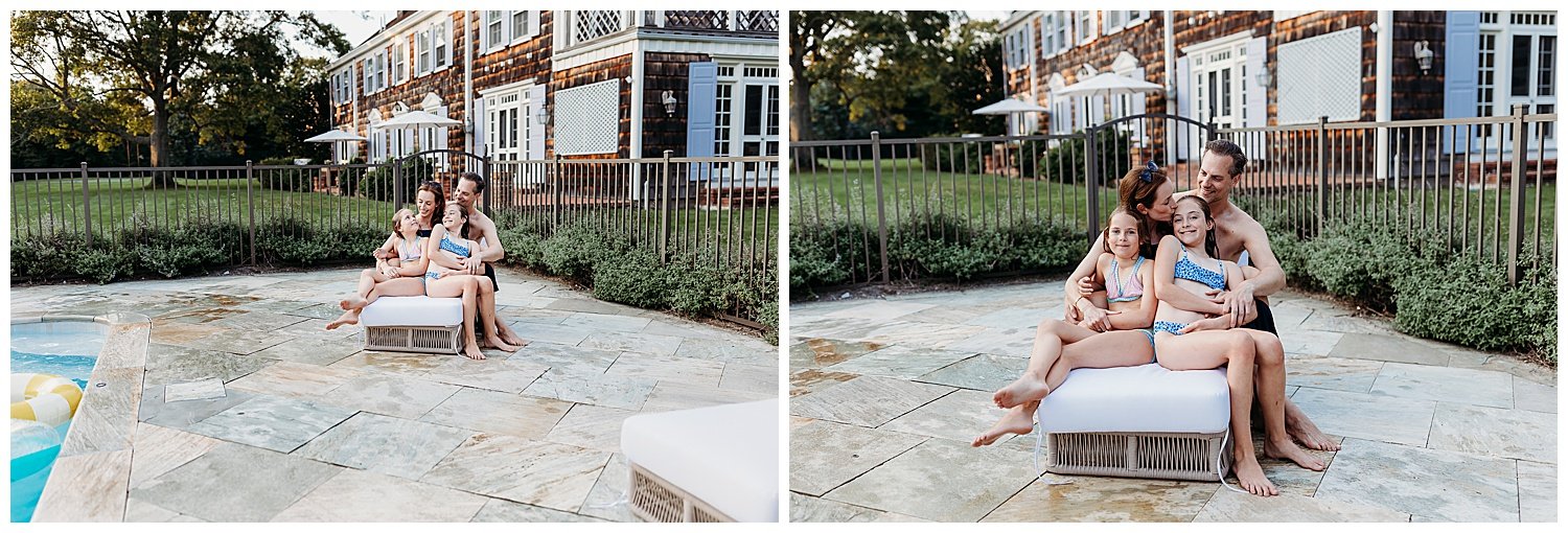 Relaxed outdoor family photo session at home with backyard pool in Jacksonville Florida