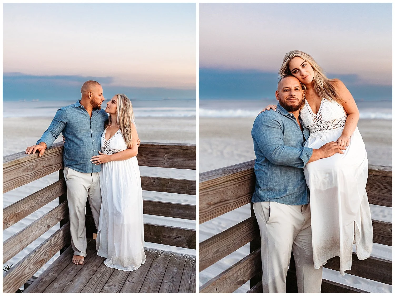 couple on a boardwalk at the beach with pink and clue sunset sky woman sitting on ledge and they are looking at each other