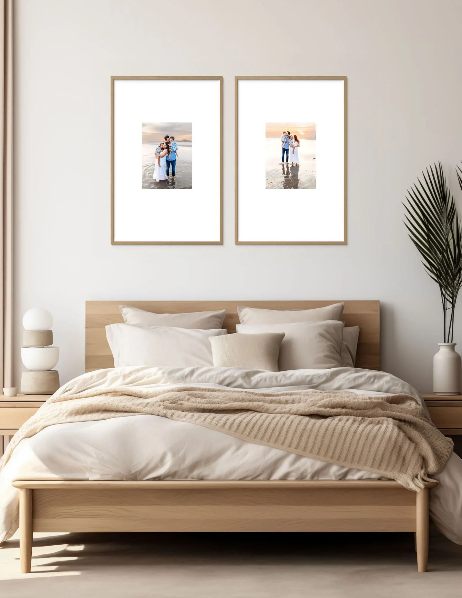 two large prints hanging on a wall over a bed the photos are from a st augustine family photo session on the beach at sunset 