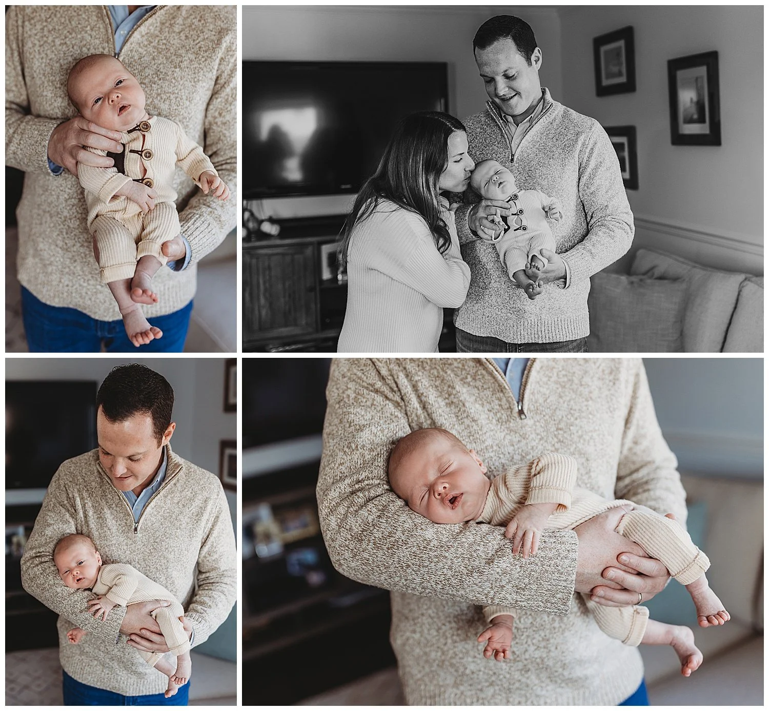 dad holding baby facing out baby in boho knit jumper with suede pocket baby sleeping on arm of dad mom kissing baby