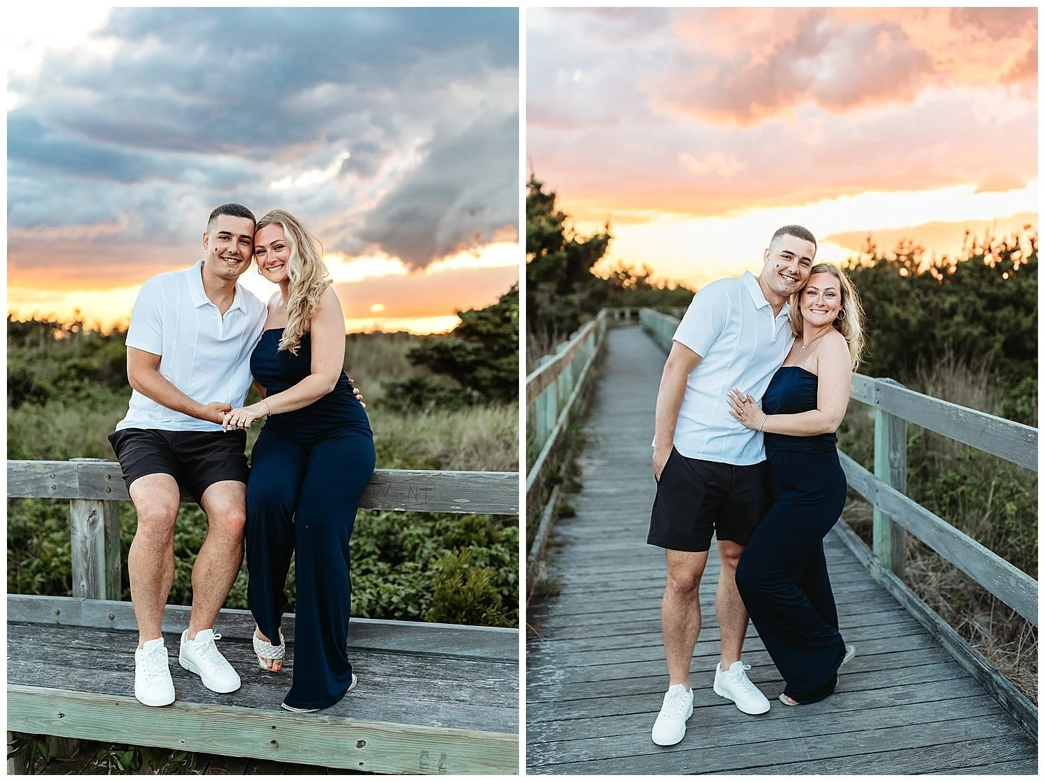 couple on a ptah at sunset with a fire orange sky in background