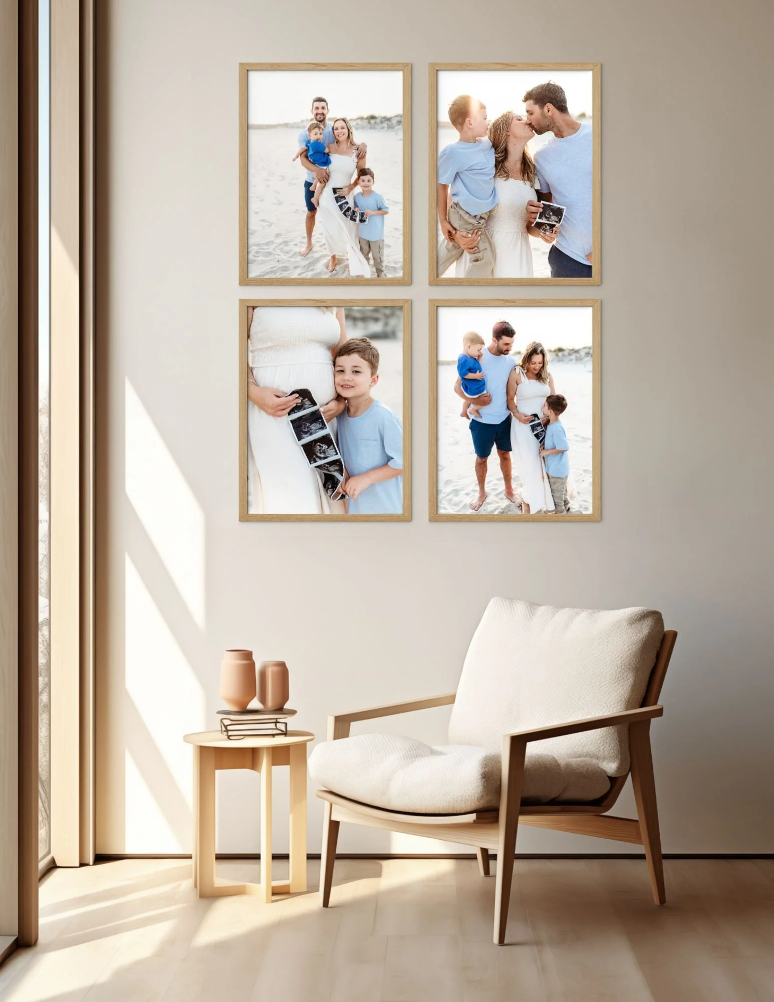 collage of pregnancy announcement photos from a Jacksonville maternity family photo session and they are on a wall in a living room 