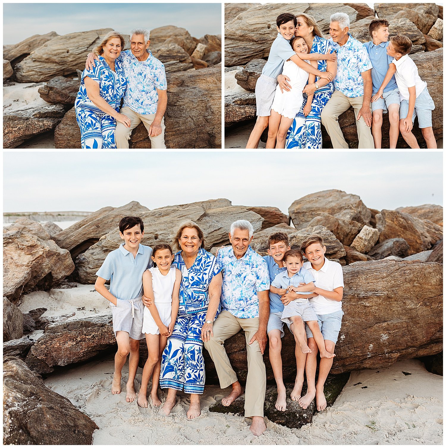 Grandparents with their grandchildren during a beach vacation photo shoot at Vilano Beach