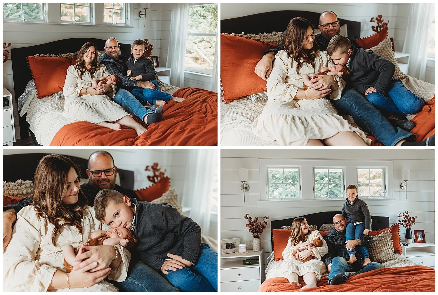 family on tan bed with pumpkin comforter and hugging baby boy in brown knit jumper brother is kissing baby they are laughing