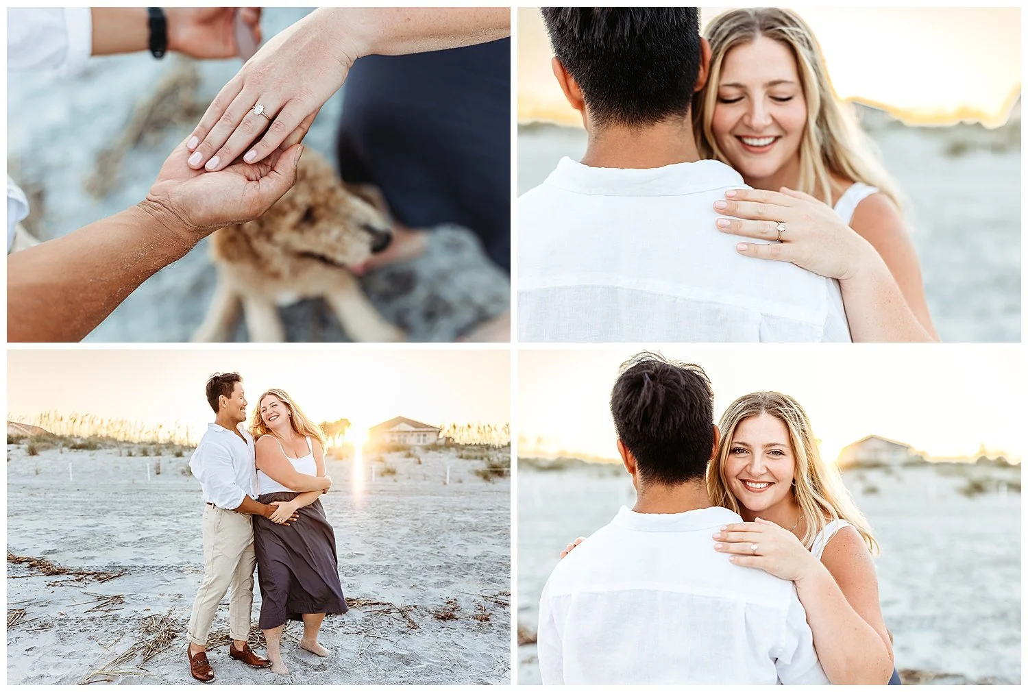 couple on the beach in Ponte vedra at sunset and woman is looking at her engagement ring