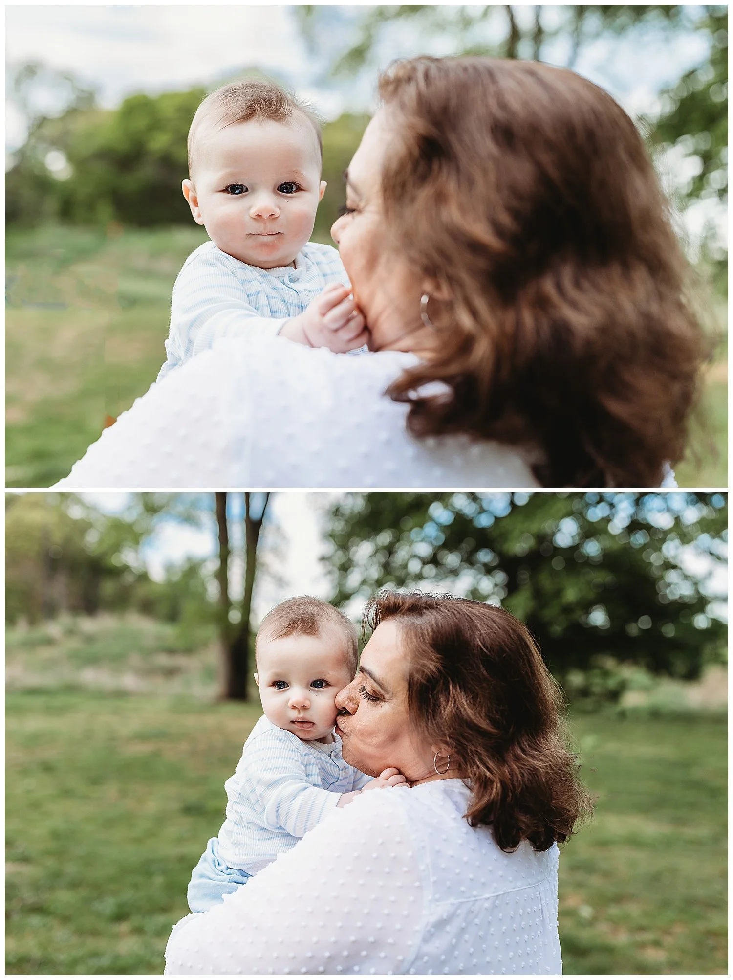grandma with a six month old baby boy kissing him and he is looking at camera smiling they are in a park