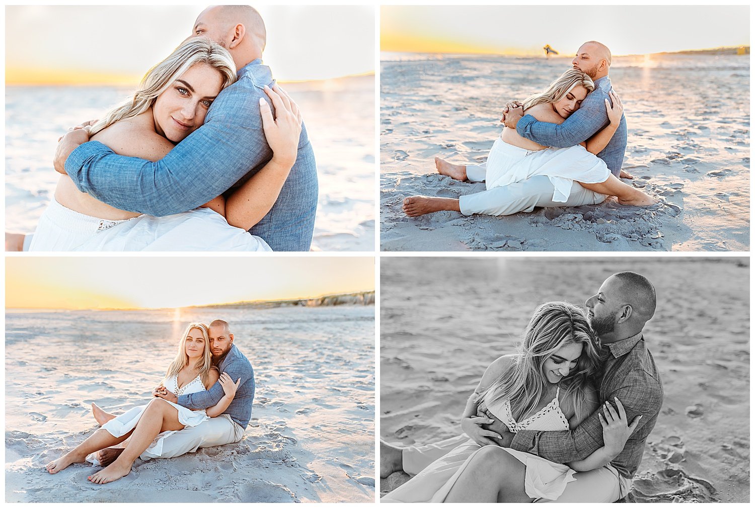 couple ont he sand sunset woman laying with head on man's chest laughing