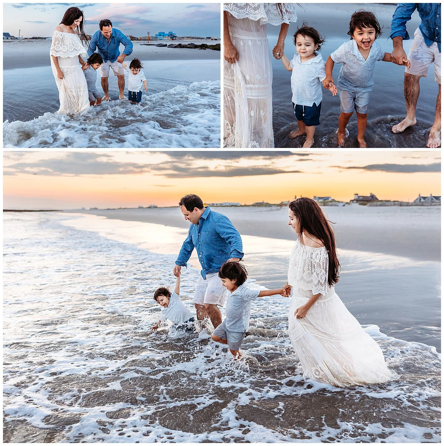 mom and dad holding kids hands and ocean waves are crashing on them kids laughing pregnant mom boho off the shoulder ivory lace dress from vici blue hour sky