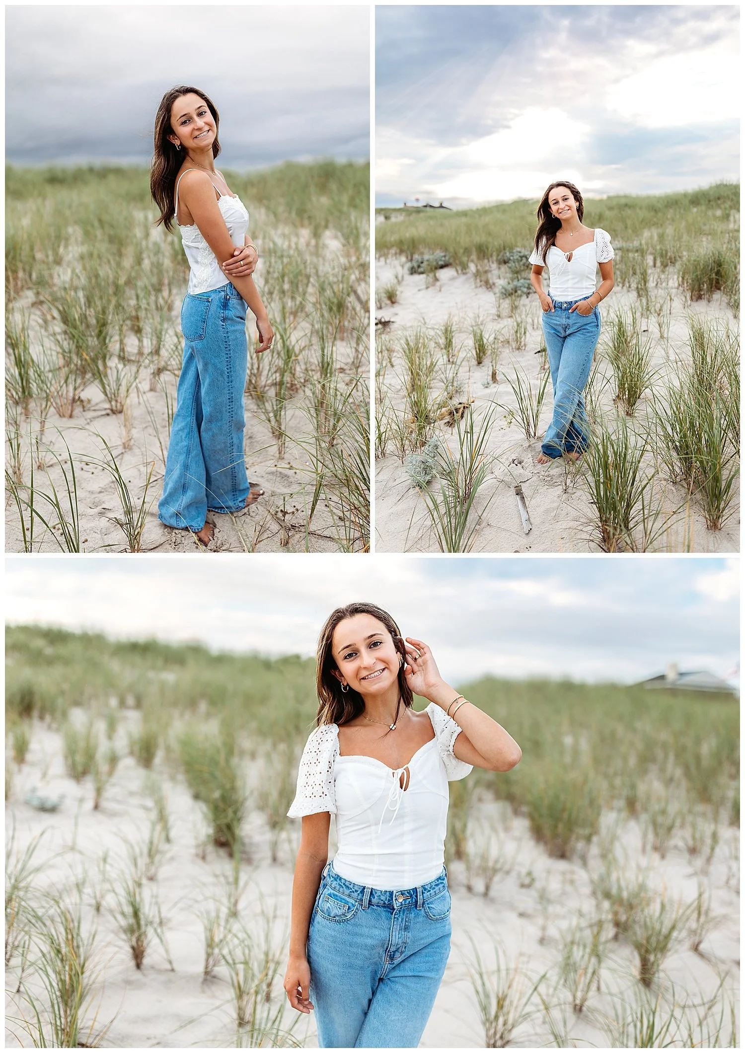 girl in white top and jeans on a dune for senior portraits looking over shoulder