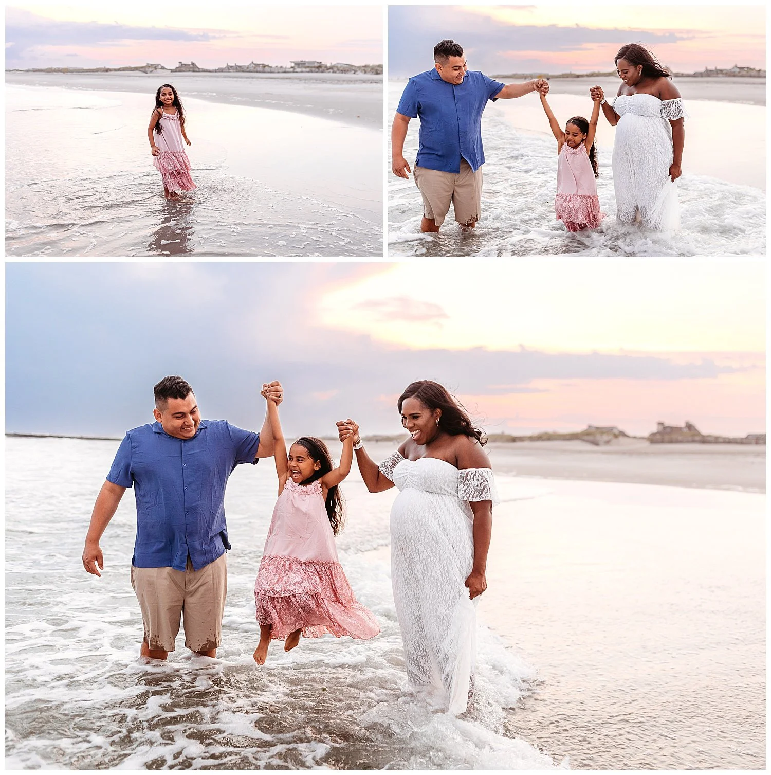 family playing in the ocean at sunset little girl in pink dress laughing and running in ocean