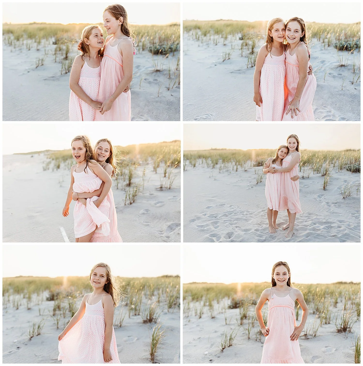 sisters in pink dresses in the sunset at the beach dune behind them laughing and hugging