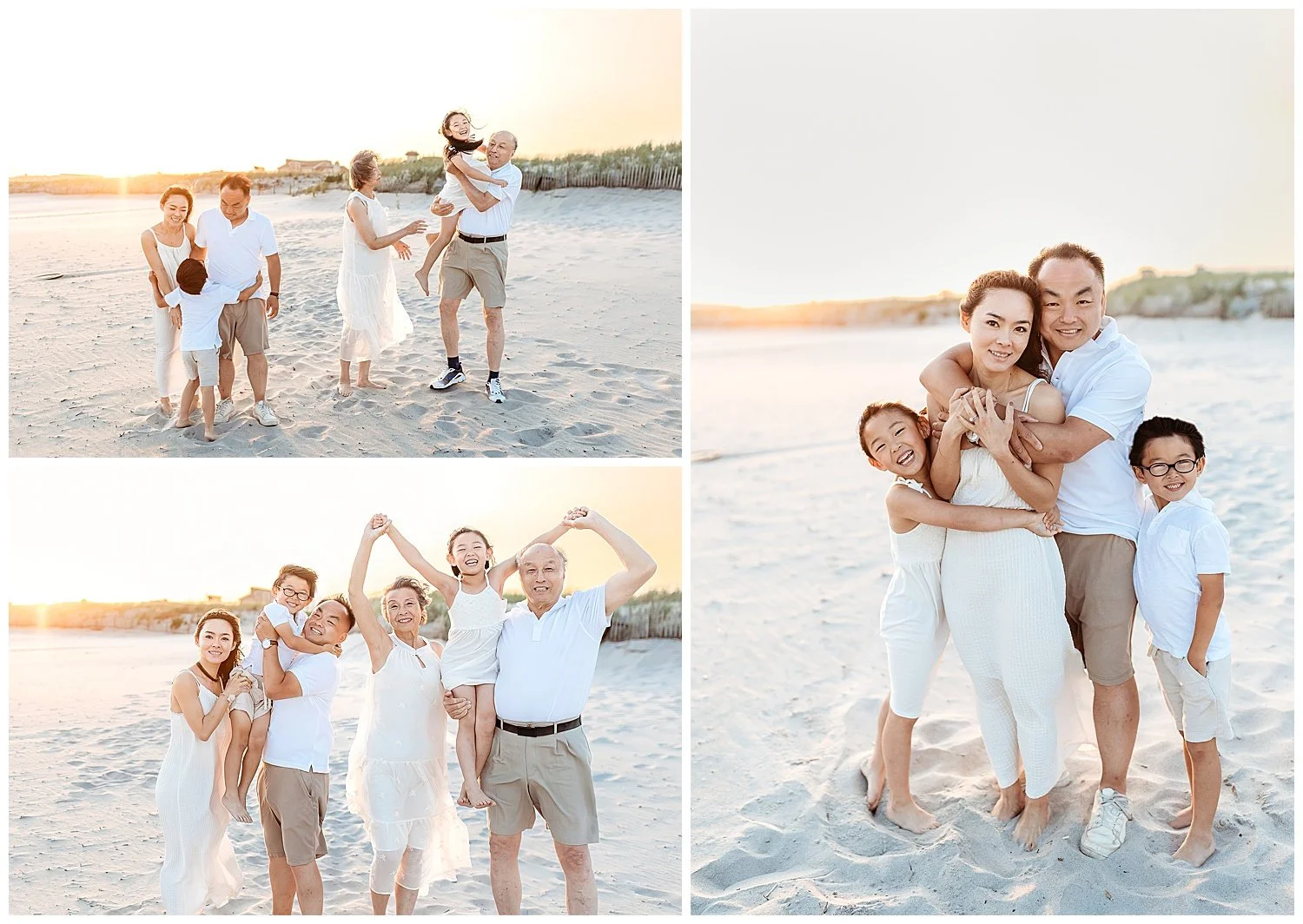 family with grandparents in off white and tan on the beach at sunset