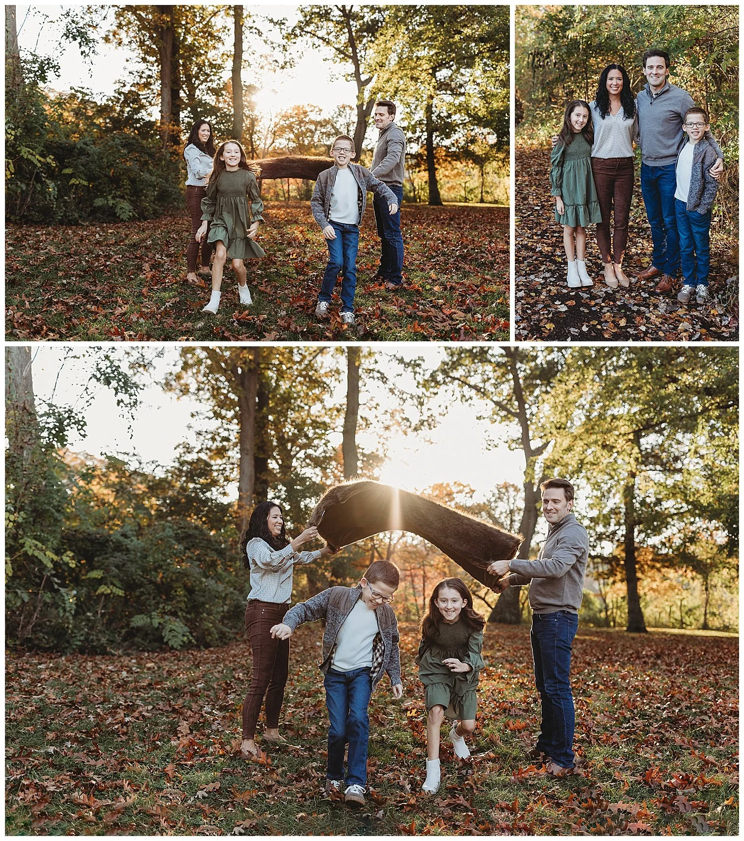 children running though a balnket that mom and dad are parachuting and laughing golden sunset through tress orange leaves on ground