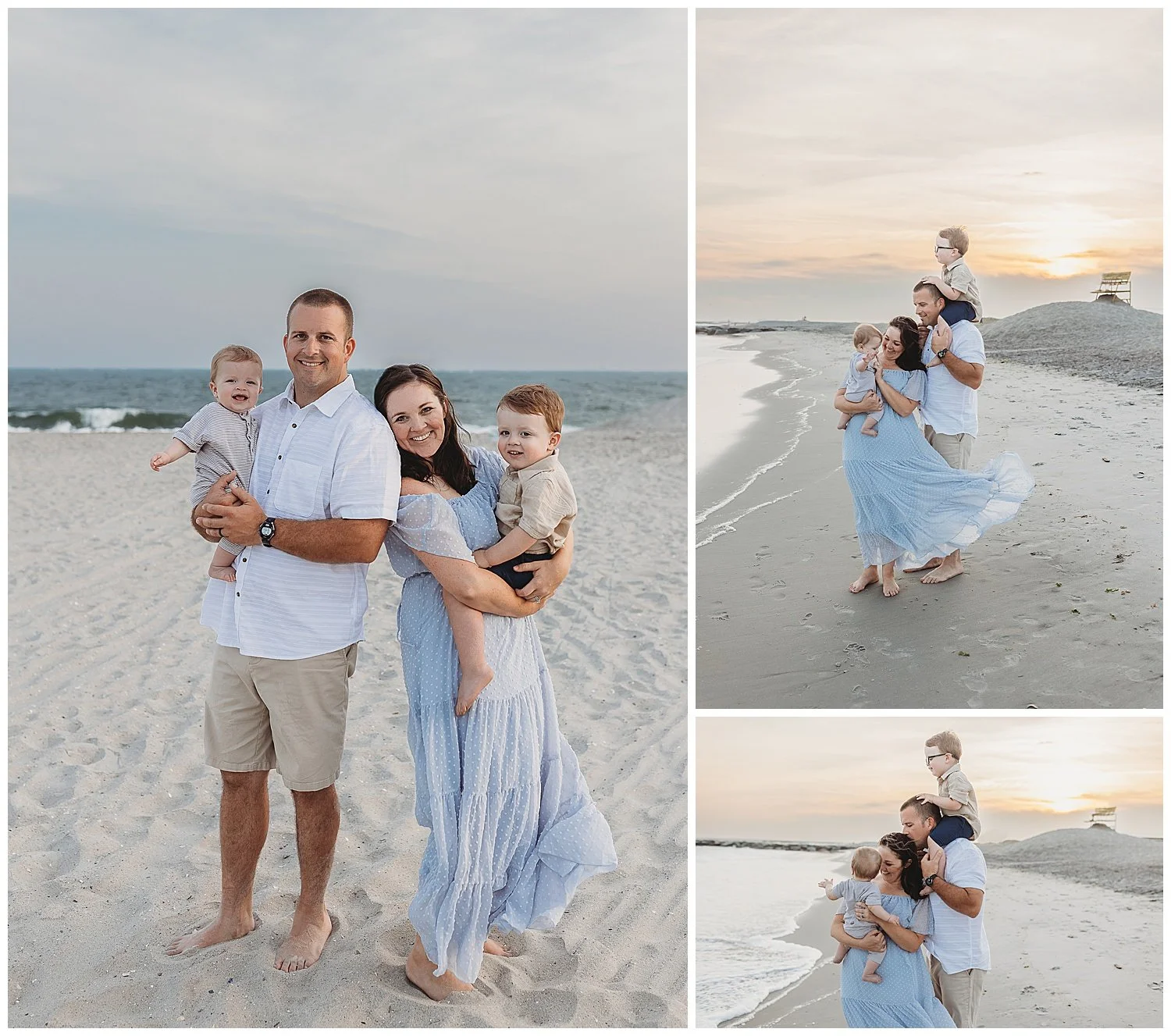 Family wearing soft neutral outfits during a beach session in Ponte Vedra