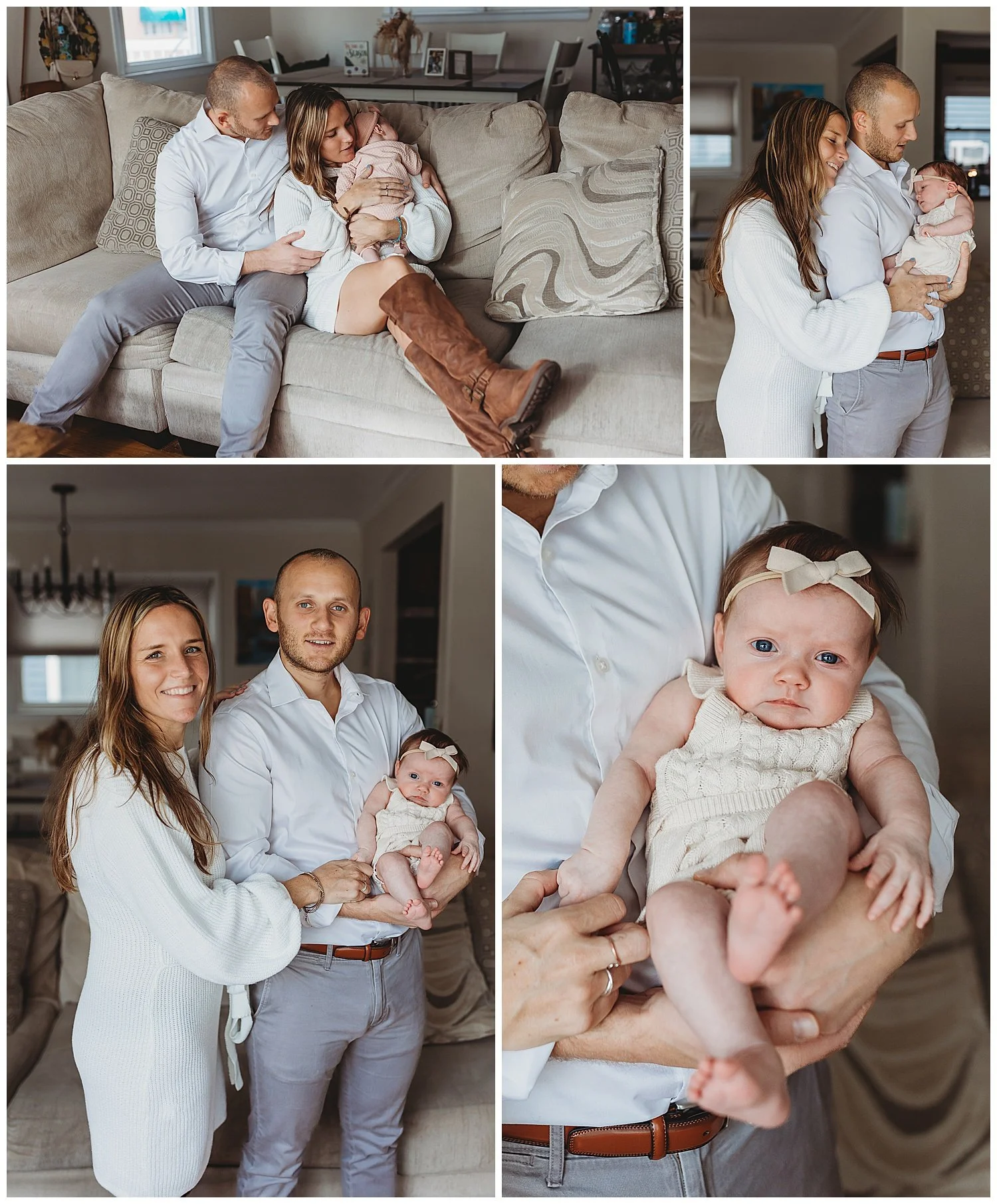 family seated on couch embraced holding baby in mauve jumpsuit with big headband