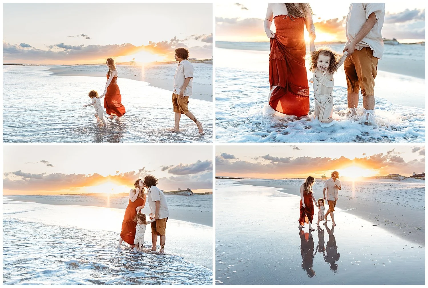 husband and wife kissing in the ocean at sunset holding toddler daughter's hand running along the beach at sunset