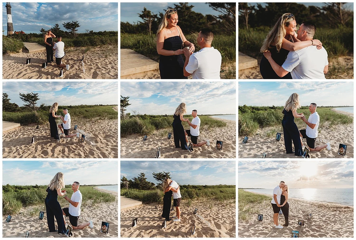 couple getting engaged on the beach by robert moses lighthouse