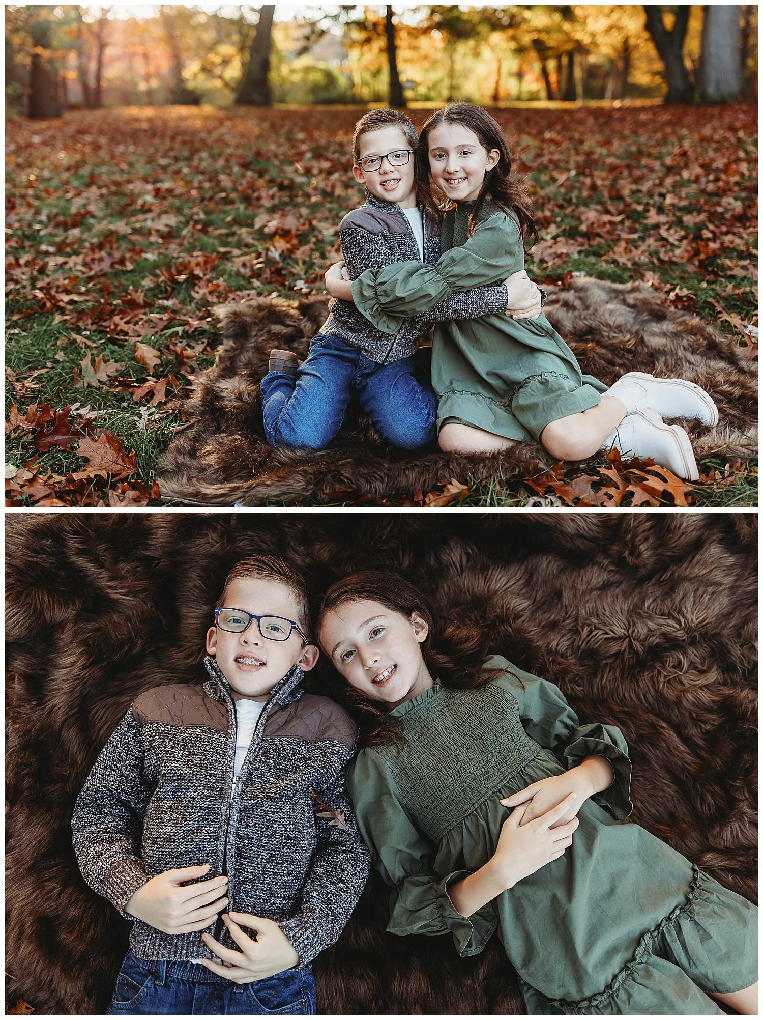 siblings in olive and grey seated in leaves with vibrant fall leaves around them and the golden sunset seated on brown fur blanket