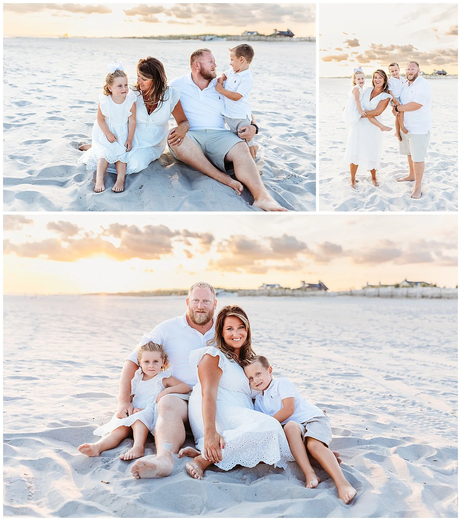 family dressed in white seated on the beach at sunset and hugging boy laying on mom's lap